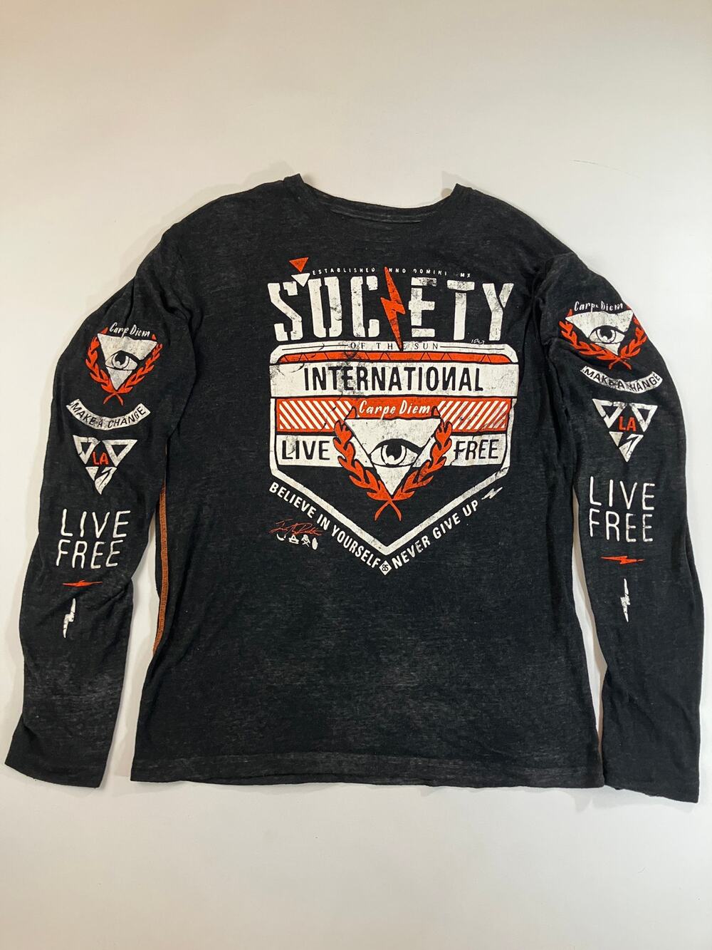 Society Men XL Black Burnout Long Sleeve Graphic Shirt Carpe Diem Live Free